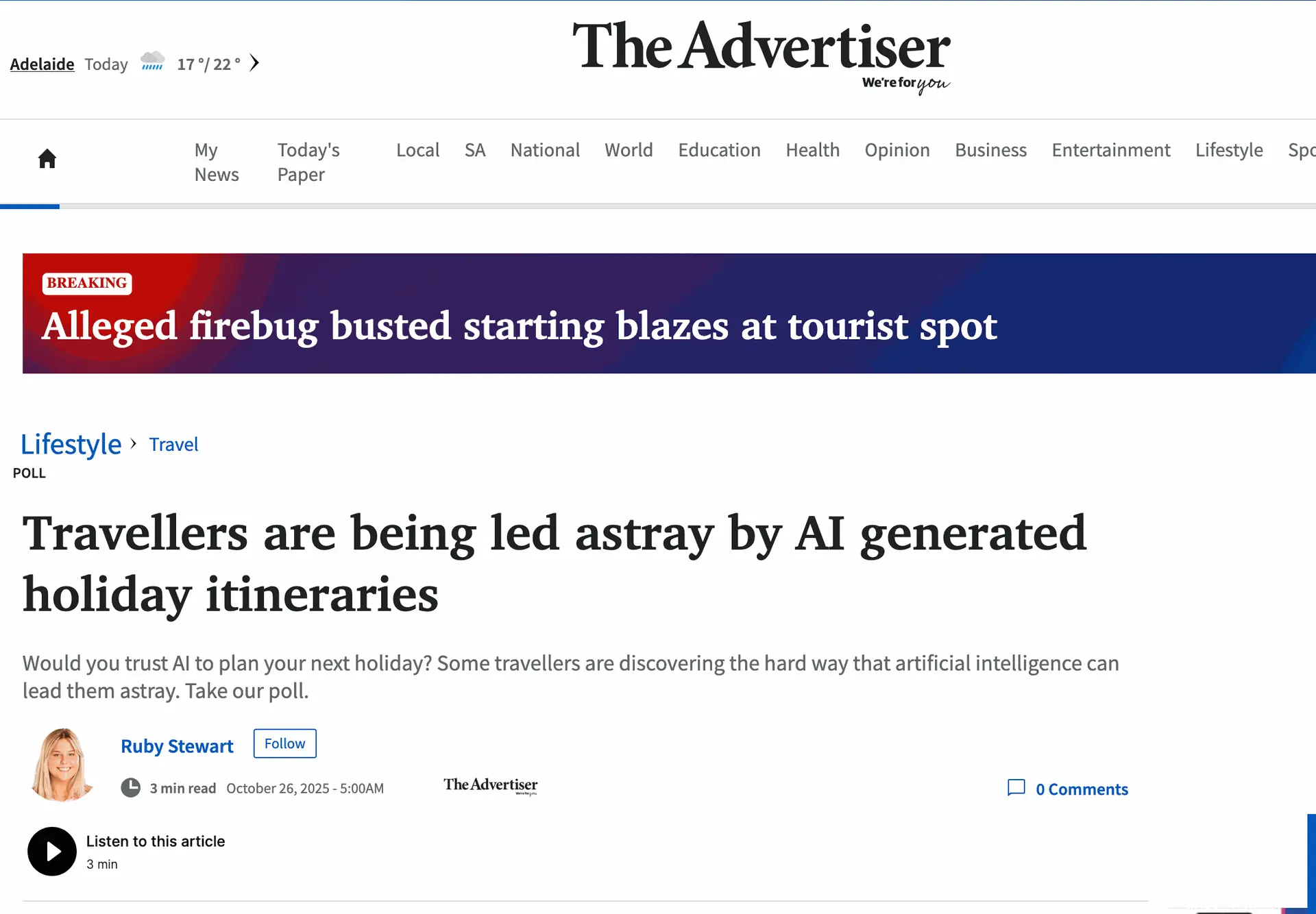 screenshot of The Advertiser page about travellers and AI